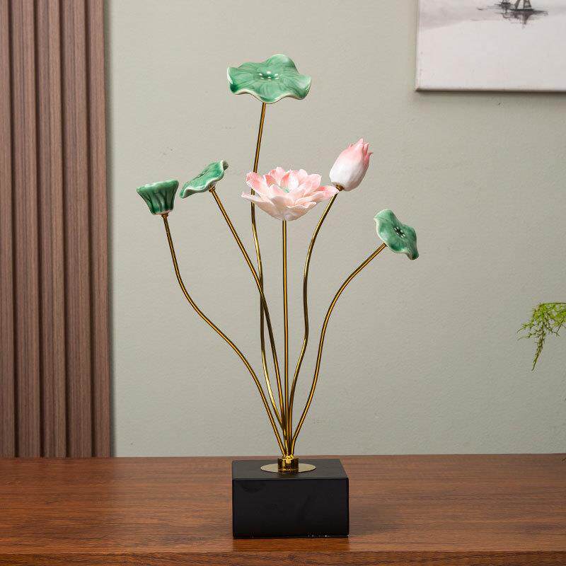 中式客厅摆件茶室陶瓷荷花装饰品家居玄关酒柜高档轻奢莲花软装饰