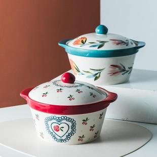 华孚潮州日式创意复古樱桃陶瓷汤锅非明火家用双耳带盖汤碗厨房