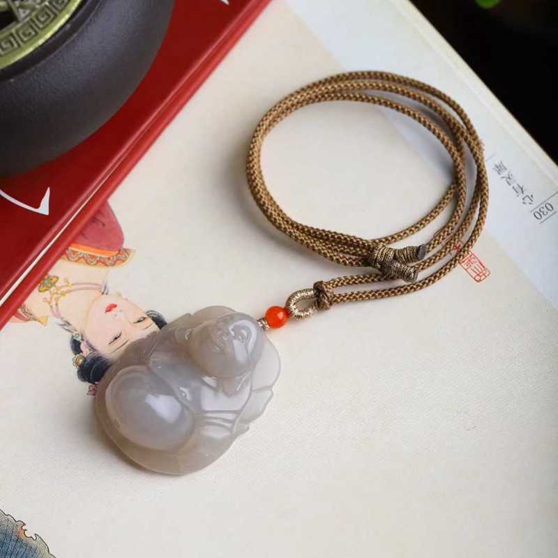 天然新疆和田玉玉器工厂店青海料老料烟紫色玉石弥勒佛吊坠带证书