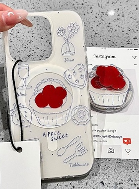 涂鸦红苹果适用三星s25ultra手机壳s24fe/s23+磁吸支架s21+双层a15高级a16新款a26防摔a35/a36女a54硬a55/a56