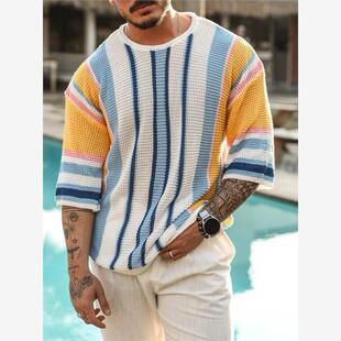 2024秋季宽松圆领中袖毛衣欧美男士大码条纹针织衫Men's knitwear