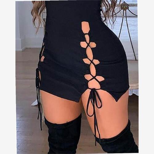 Open-back solid color hollow lace-up sleeveless tight-fittin