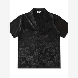 国潮男女情侣装半袖花卉花纹宽松翻领夏季男士短袖衬衫黑色衬衣