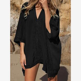 Deep V-neck casual loose beach skirt 纯色深V领休闲宽松沙滩裙