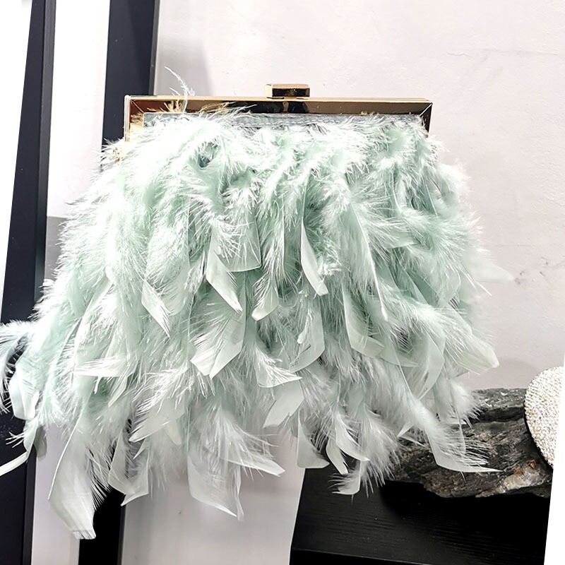 Pearl Chain Feather Bag 链条毛毛包单肩手拿夹子珍珠时装女士包