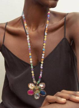 Necklace women玻璃珠长款流苏毛衣炼花朵吊坠休闲覆古项炼饰品