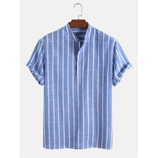 Short Loose Sleeve Casual Shirts Mens Buttons Striped