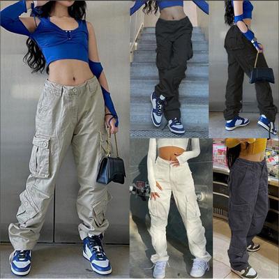 Cargo Pants Women Y2K High Waist Pocket Wide Leg Trousers Lo