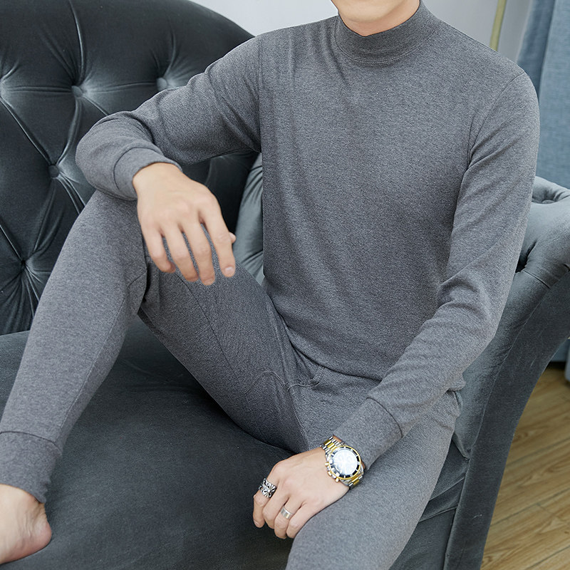 高档轻奢中高领纯棉保暖内衣男士秋冬新款爸爸棉毛衫秋衣秋裤套装