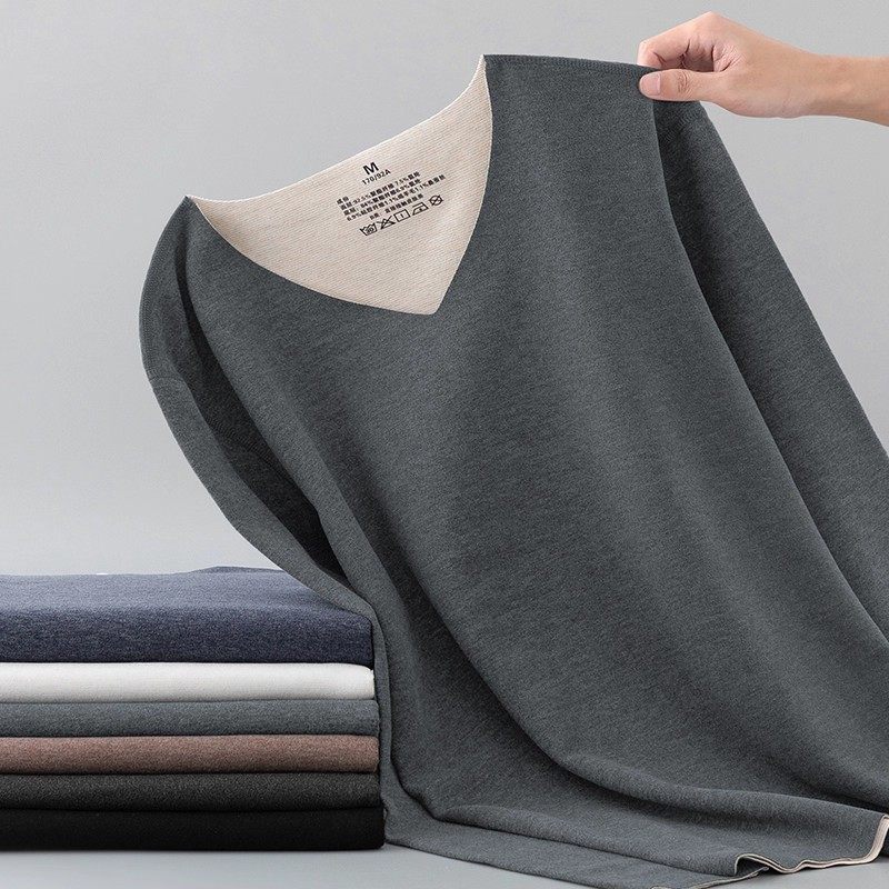 高档轻奢双面绒保暖内衣V领长袖t恤绵羊毛桑蚕丝打底衫内穿秋衣男