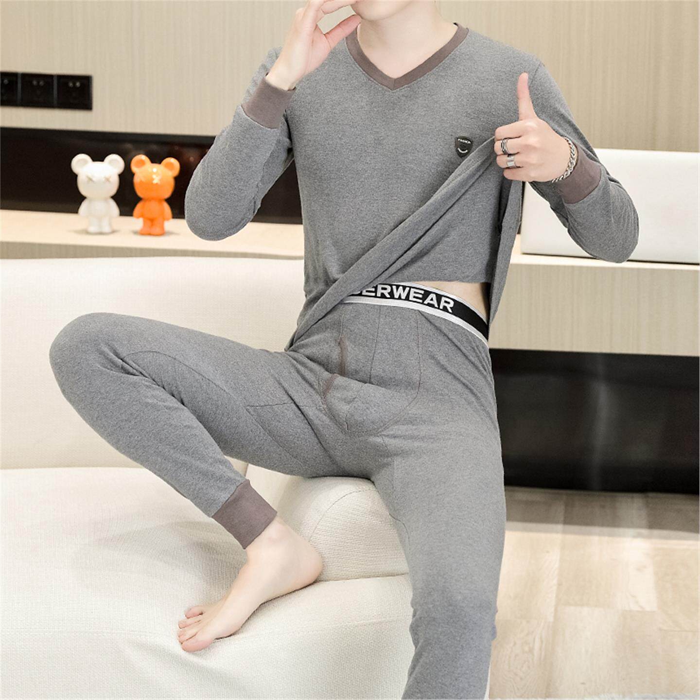 高档简约纯色保暖内衣男士秋冬薄款纯棉秋衣秋裤青少年打底衣套装