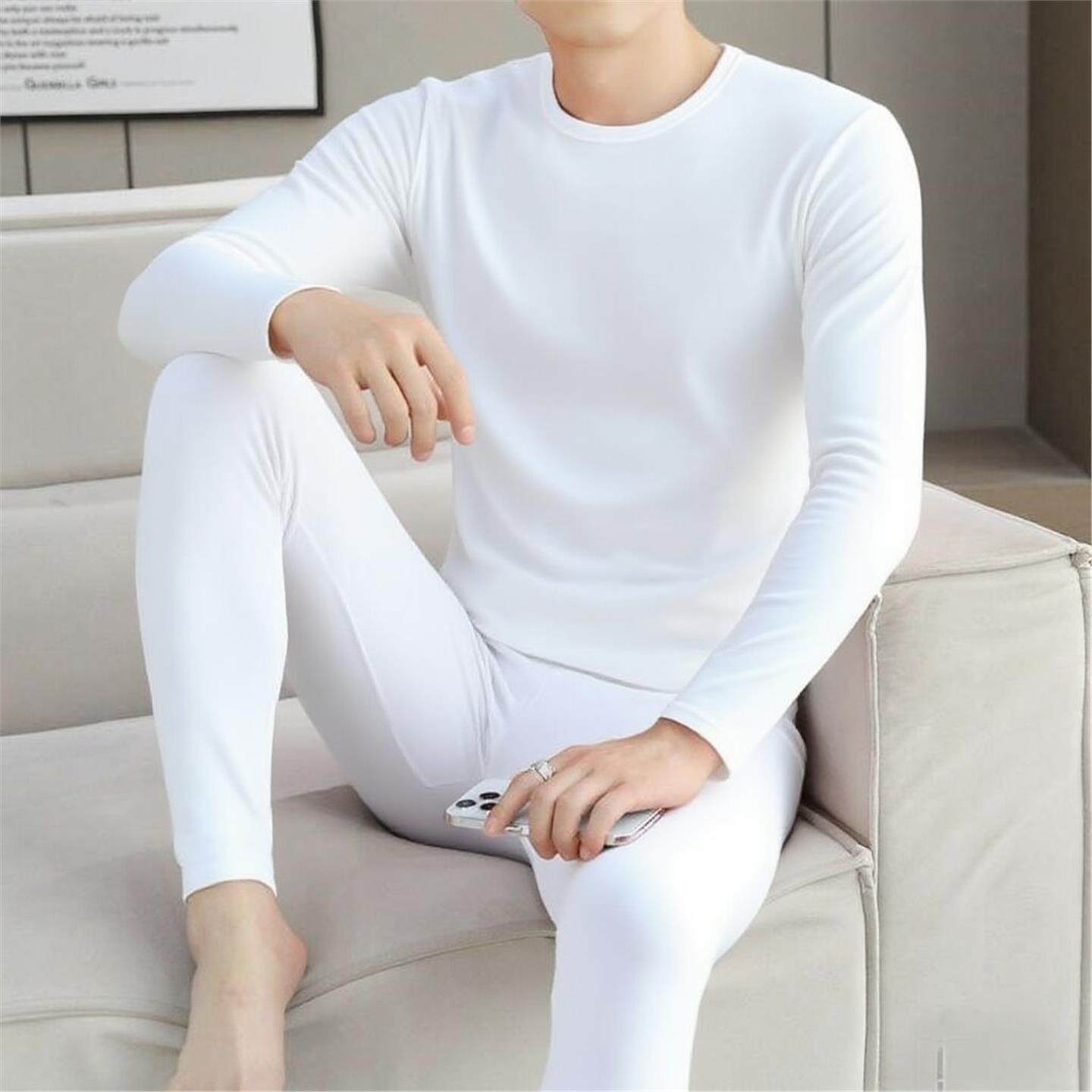 高档简约纯色保暖内衣男士秋冬季薄款贴身纯棉秋衣秋裤套装棉毛衫