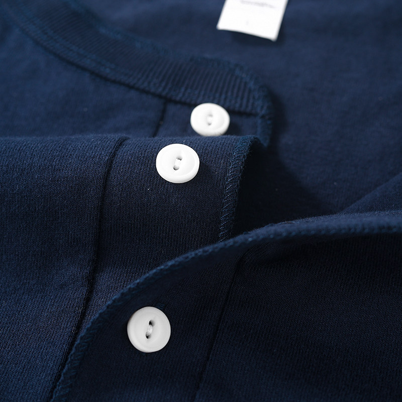 좋은 평판과 좋은 기질과 세련된 제품  250G 네이비 블루 캐주얼 헨리 칼라 반팔 여성 루즈 캐주얼 티셔츠 남성 여름