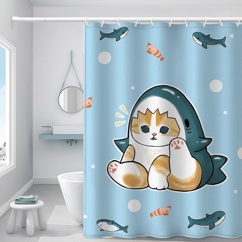 新款加厚浴帘mofusand猫福珊迪鲨鱼猫厕所防霉洗澡间挡水不透门帘,家庭/个人清洁工具,浴帘,淘宝优惠券,粉丝福利购,淘宝优惠卷