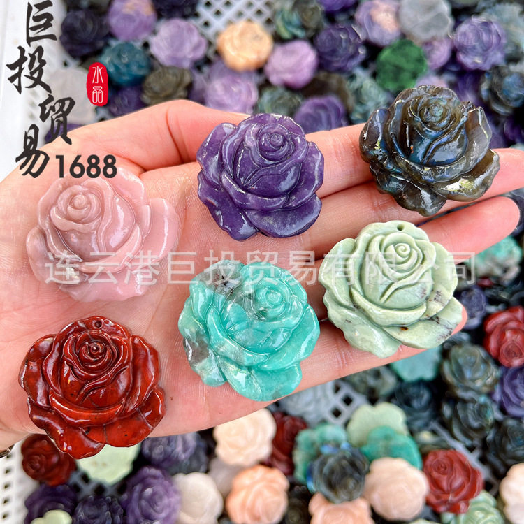 紫云母花朵拉长石雕刻玫瑰花天然石摆件跨境热销水晶石雕刻礼物