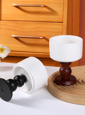 法式中古风复古INS陶瓷高脚杯木脚碗甜品碗摆件木制氛围家居软装