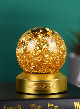 创意水晶玻璃球摆件风水球轻奢家居饰品旋转金箔球金属底座金色