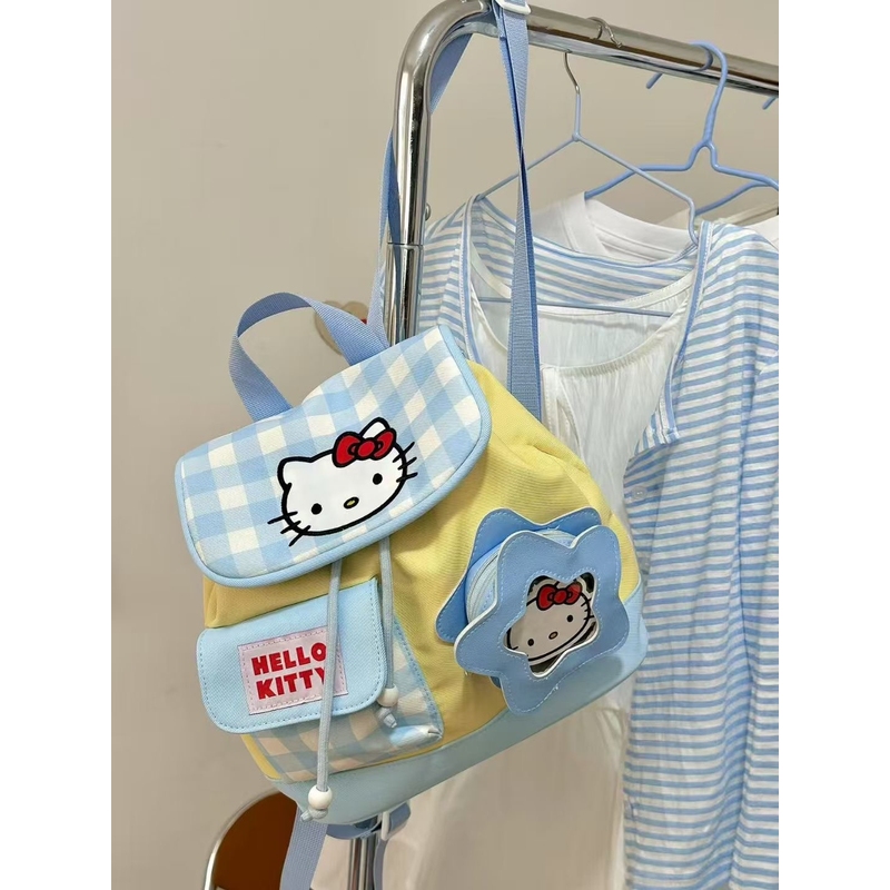 Kitty 格子抽绳书包学院双肩包可爱迷你Kitty卡通背包手提包女新