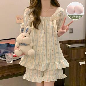 带胸垫睡衣女夏天短袖短裤套装可外穿薄款两件套2026年新款家居服
