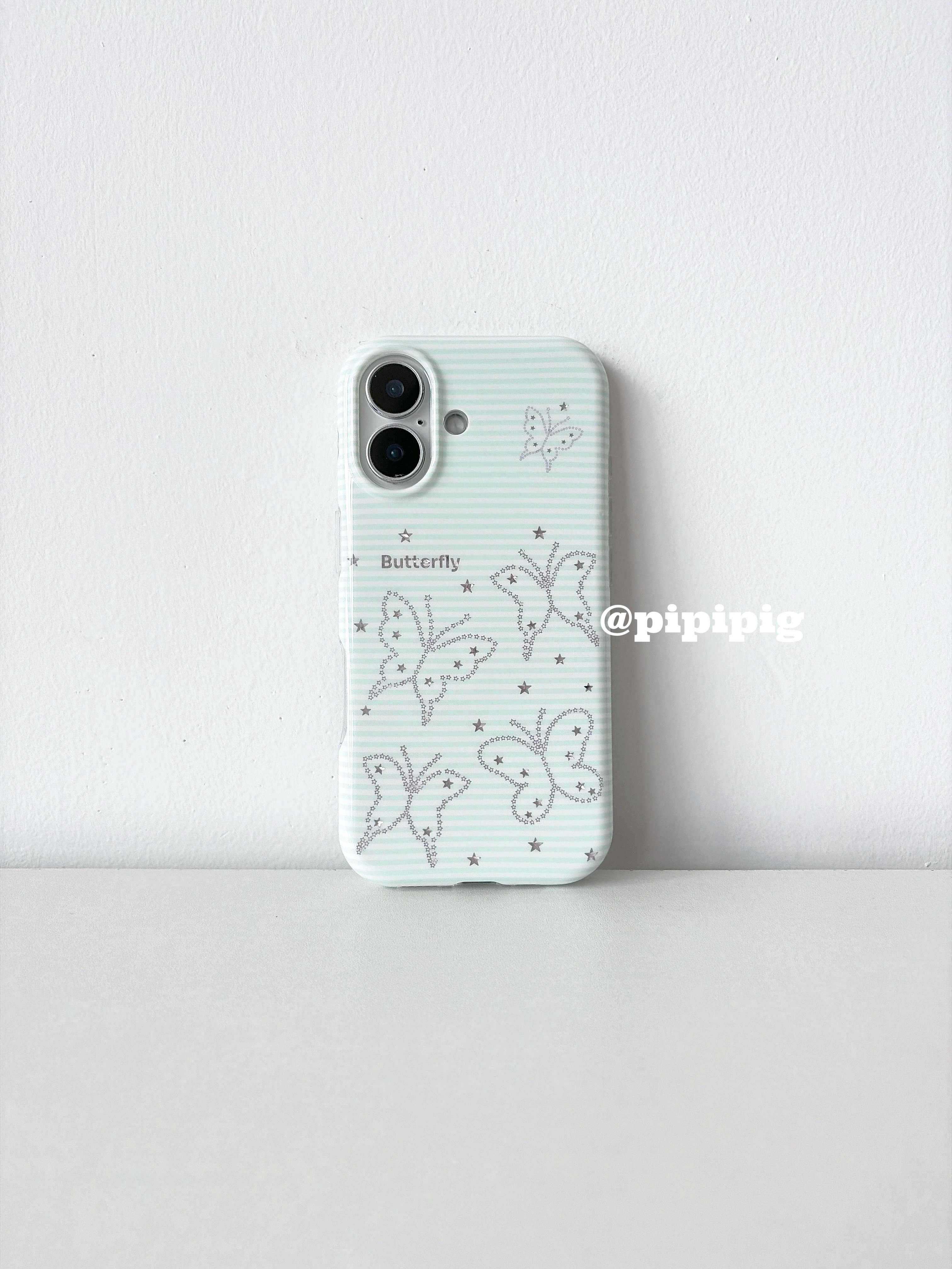 Pipipig绿色条纹蝴蝶ins韩风网红同款适用于苹果18ProMax手机壳iPhone17可爱卡通16Pro小众15少女心清新温柔