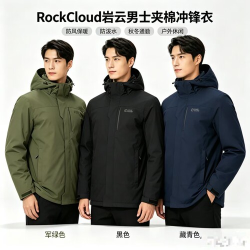 RockCloud岩云连帽棉服男士冬季新款加中长款防风防水冲锋衣棉服