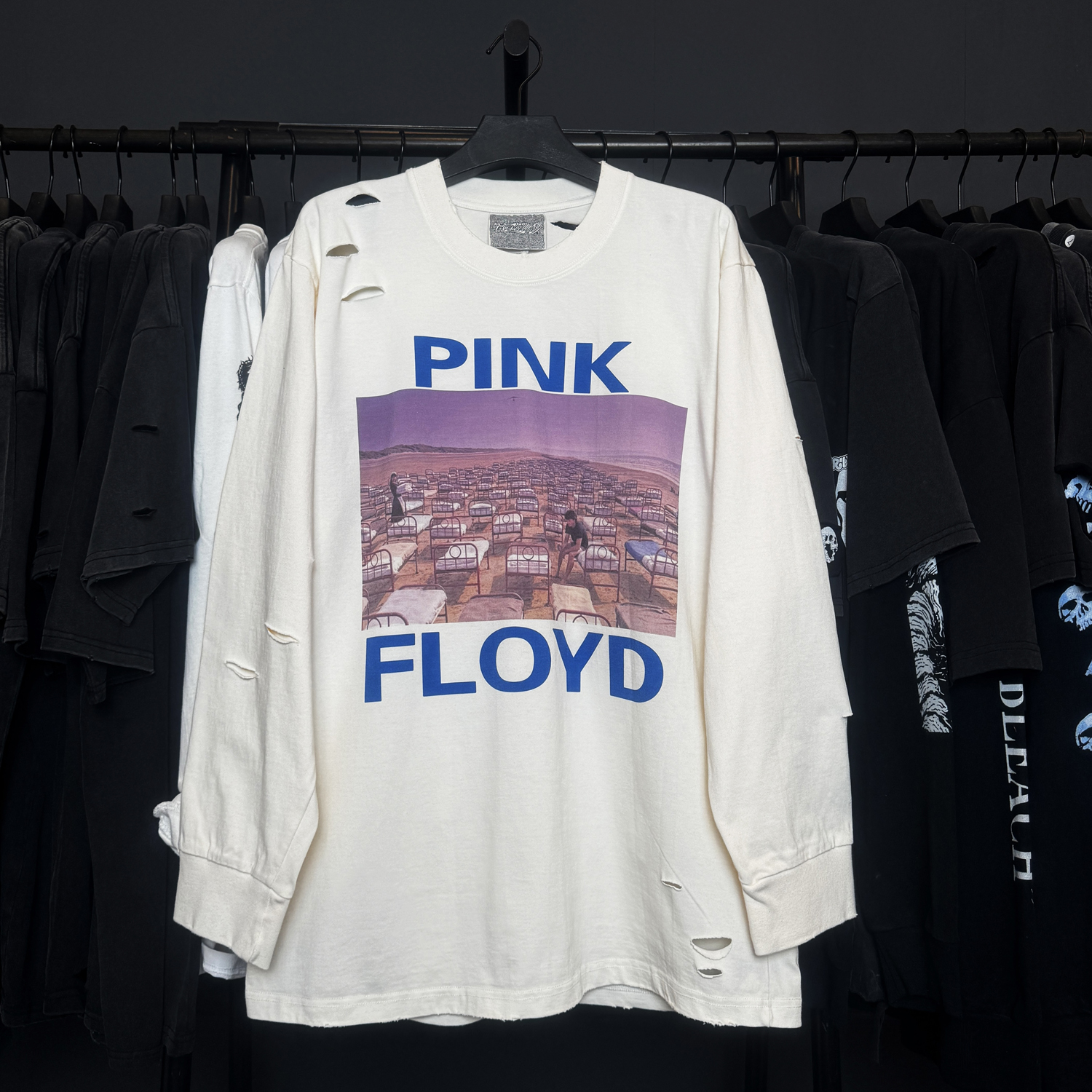 孤品手工！pink floyd 复古摇滚风格炸街宽松破洞美式vtg长袖T恤
