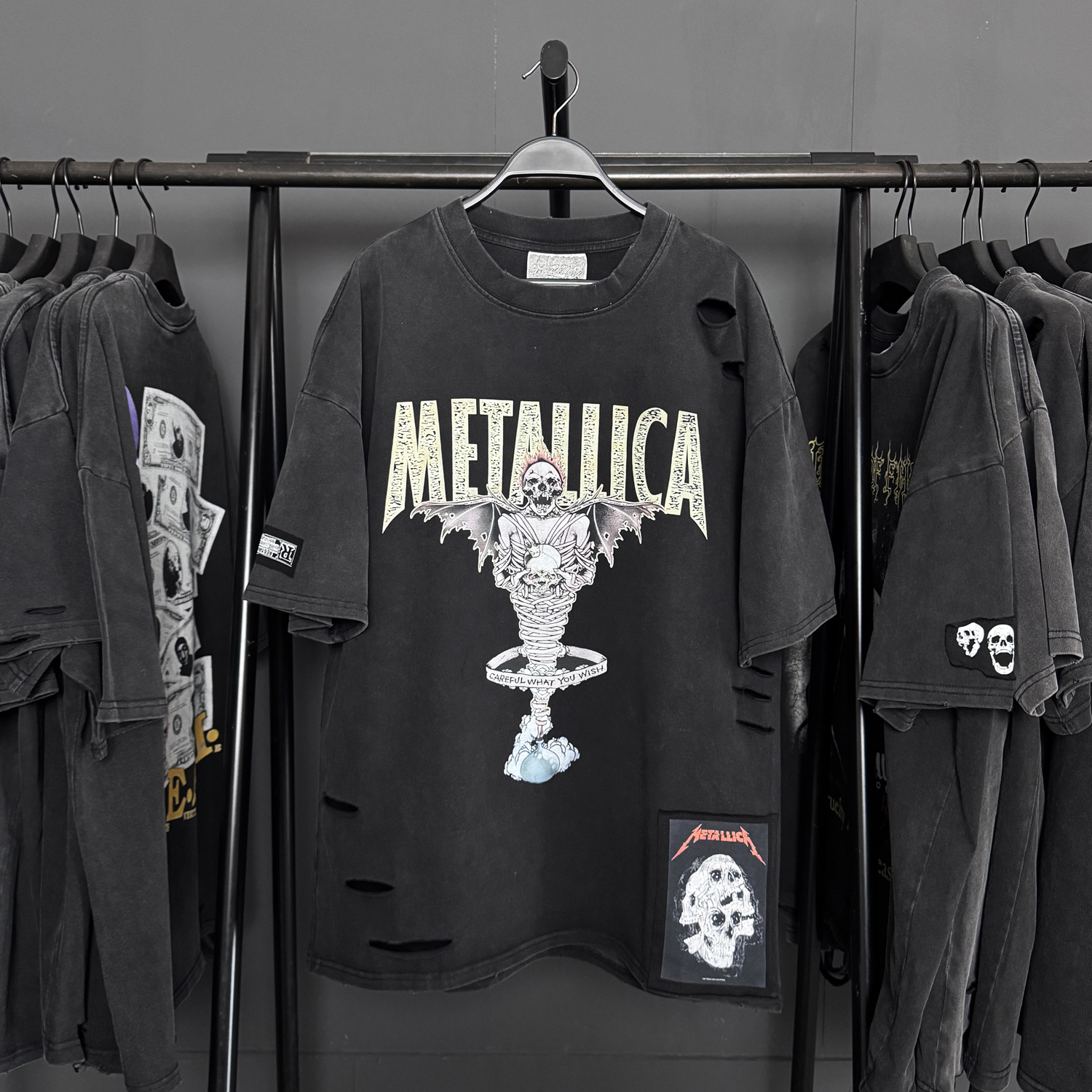 孤品手工！金属乐队Metallica1996专辑歌曲破洞破坏贴布短袖T恤