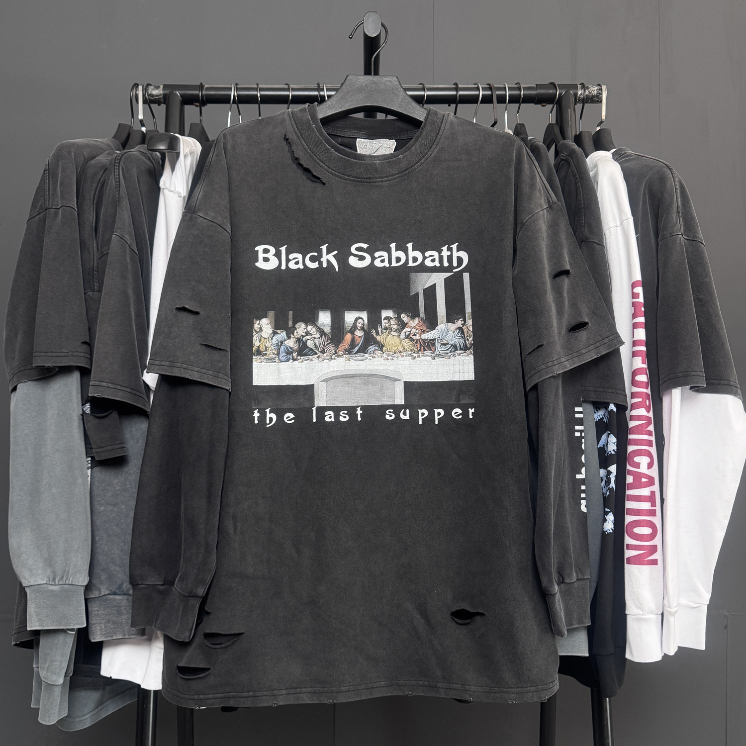 孤品手工！BLACK SABBATH黑色安息美式破洞复古真两件破坏长袖T恤