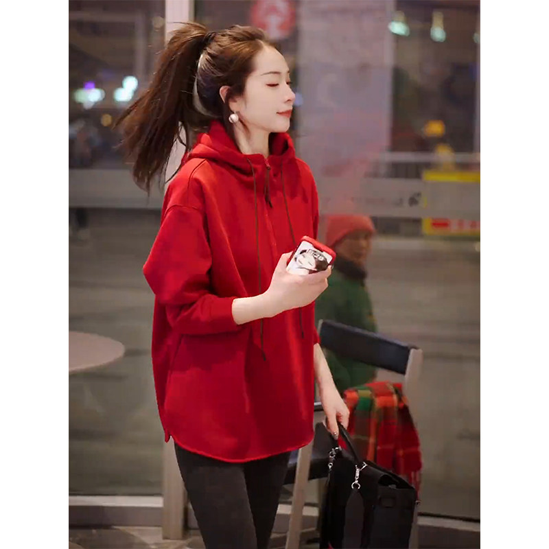 半拉链中长款连帽加绒卫衣女春季2025新款宽松设计感开叉长袖上衣