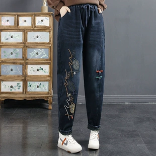 直筒裤 牛仔加绒复古文艺加绒刺绣牛仔裤 女冬季 加厚女高腰黑色