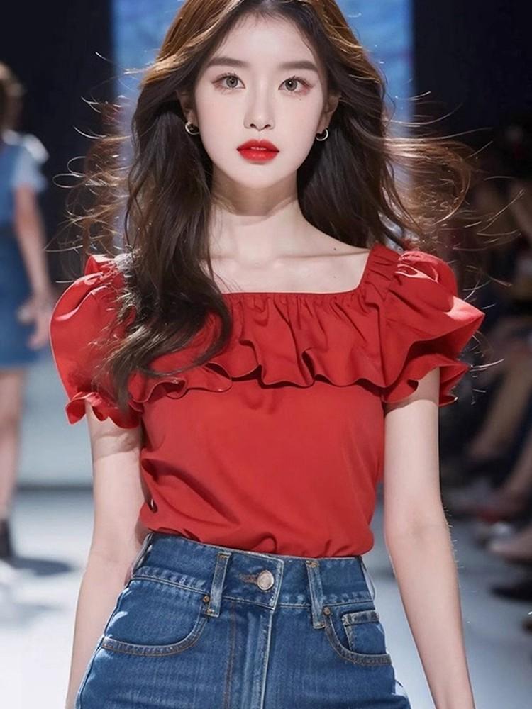 今年流行漂亮小衫红色衬衫女夏季chic独特别致小上衣衬衣盐系穿搭