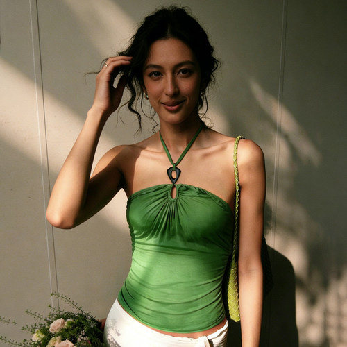 清新绿野系带抹胸背心女