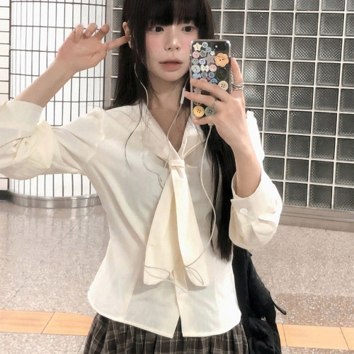 秋季学院风V领飘带长袖衬衫女