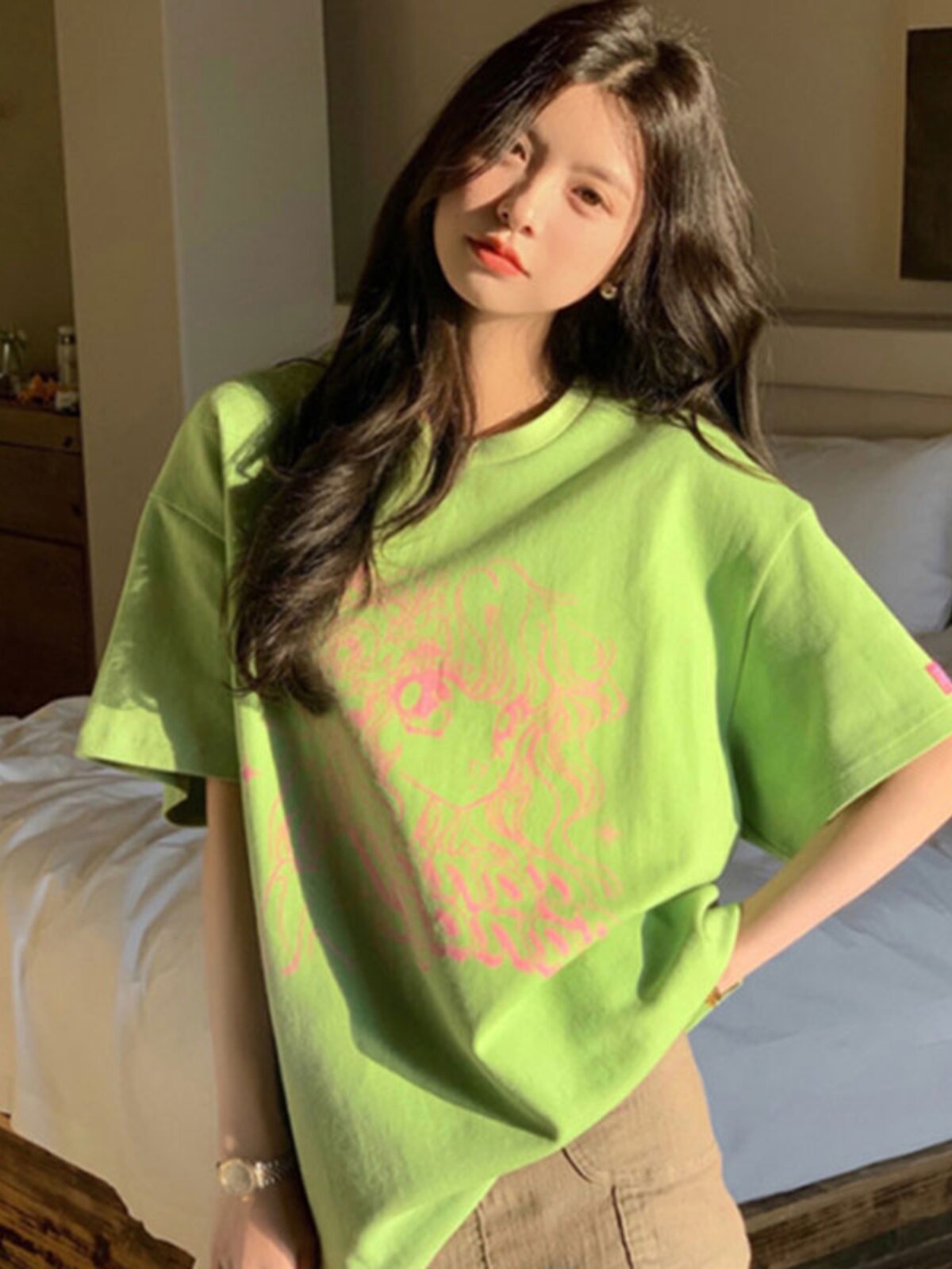 GREEN SHOULDER LOOSE T-SHIRT WOMENS SUMMER SHORT SLEEVE 2024 NEW MID LENGTH PLUS SIZE INS TRENDY DESIGN TOP