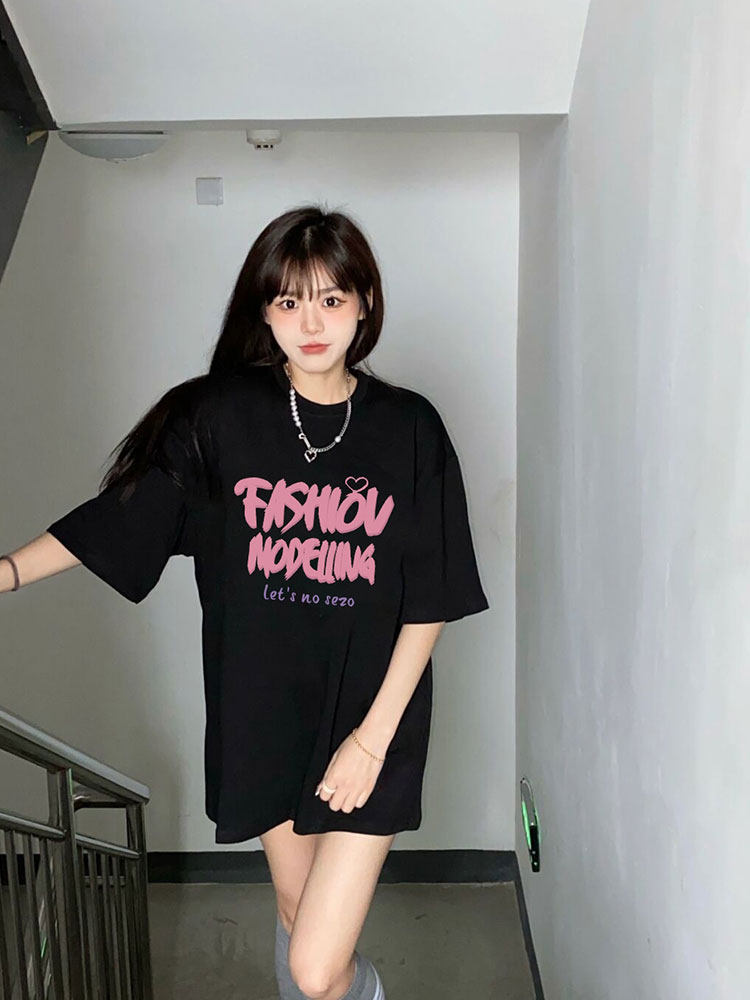 AMERICAN RETRO SHOULDER BLACK SHORT SLEEVE T-SHIRT WOMENS SUMMER 2024 NEW DESIGN SENSE NICHE LOOSE MIDI TOP