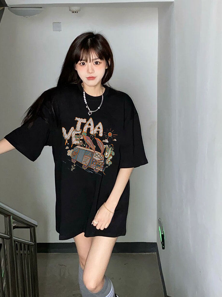 AMERICAN RETRO SHOULDER BLACK SHORT SLEEVE T-SHIRT WOMENS SUMMER 2024 NEW DESIGN SENSE NICHE LOOSE MIDI TOP