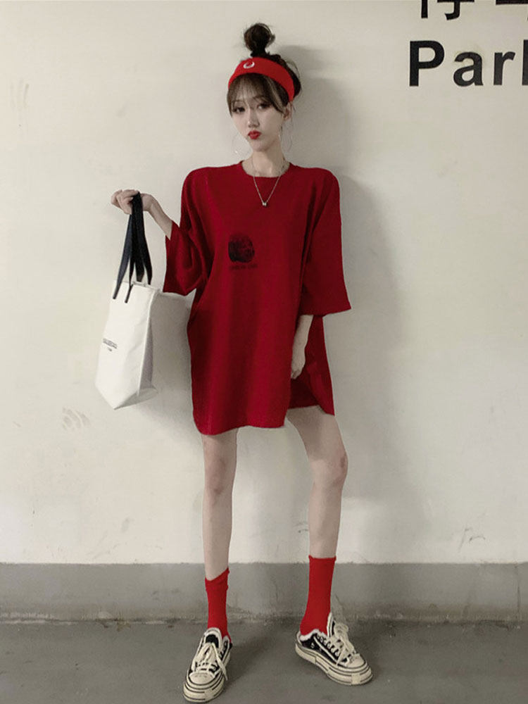RED LARGE LOOSE T-SHIRT WOMENS COTTON LAZY TREND 2024 SUMMER PLUS SIZE HALF SLEEVE SHORT SLEEVE T-SHIRT TOP