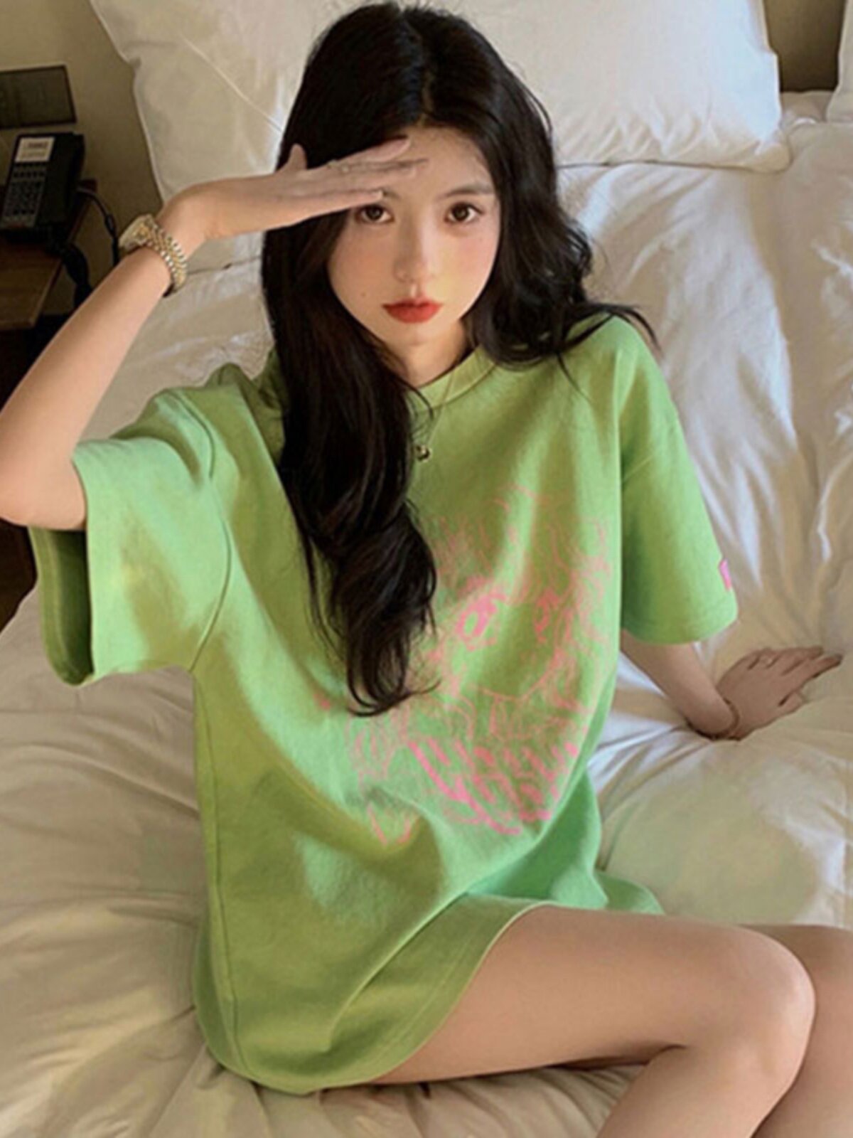 GREEN SHOULDER LOOSE T-SHIRT WOMENS SUMMER SHORT SLEEVE 2024 NEW MID LENGTH PLUS SIZE INS TRENDY DESIGN TOP