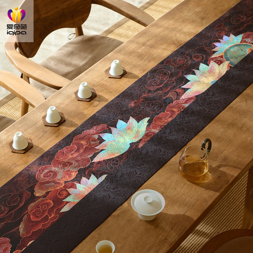 爱奇葩 鎏金云荷中式复古桌旗茶席长条茶台茶桌垫布高端茶几桌布