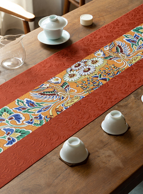 爱奇葩 原创敦煌凤戏莲花桌旗中式茶席高端茶桌垫布防水茶台桌布