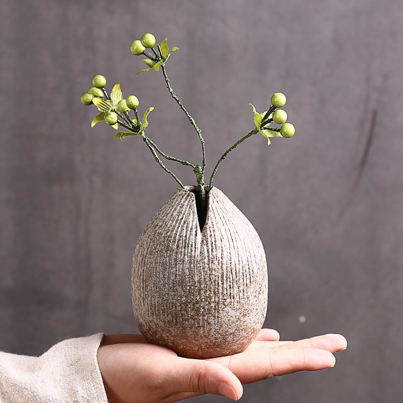 日式禅意花瓶手工粗陶瓷复古小花器陶艺花插茶桌插花摆件水培瓶子