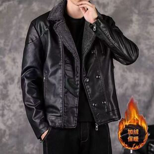 大气青年加厚保暖外套机车皮加绒夹克 翻领加绒皮衣韩版 冬季 男士