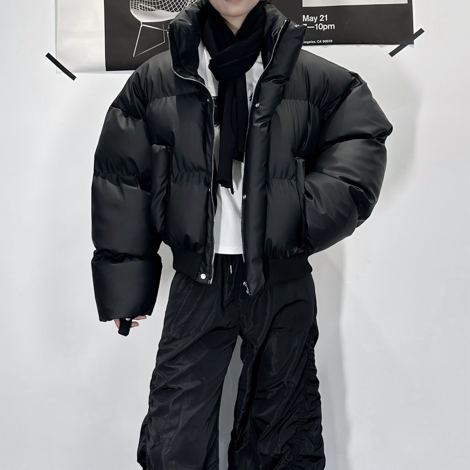 美式冬季复古pu皮宽松短款棉服男女立领小众加厚外套情侣棉衣