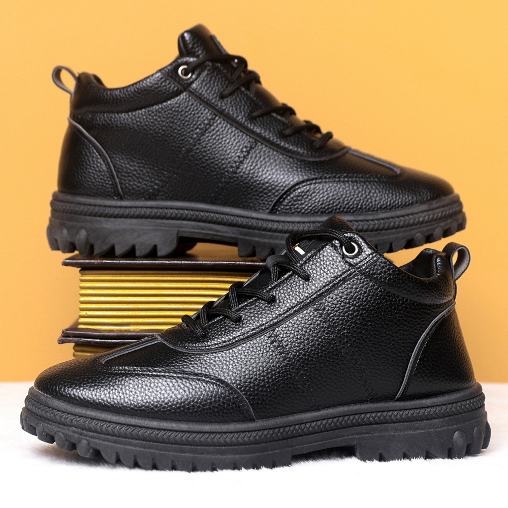 新款男士加绒保暖防滑棉皮鞋冬季中帮加厚雪地耐磨商务休闲鞋