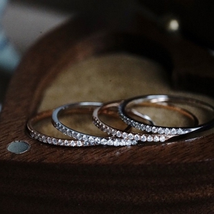 S纯银满钻半圈整圈单排钻戒指女时尚个性细食指叠戴组合配饰品