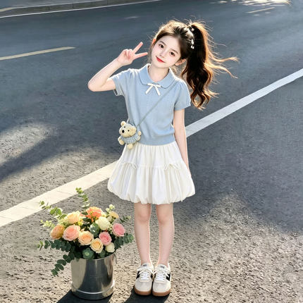 童装女童套装夏季2026新款儿童洋气中大童针织短袖POLO衫半身裙夏