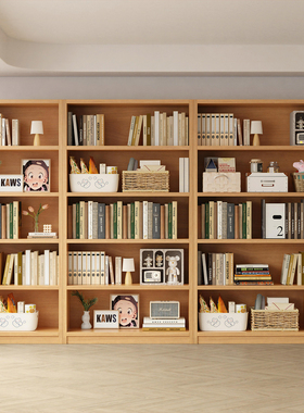 实木柜子储物柜靠墙一体展示柜落地阅读儿童绘本架整墙组合书柜