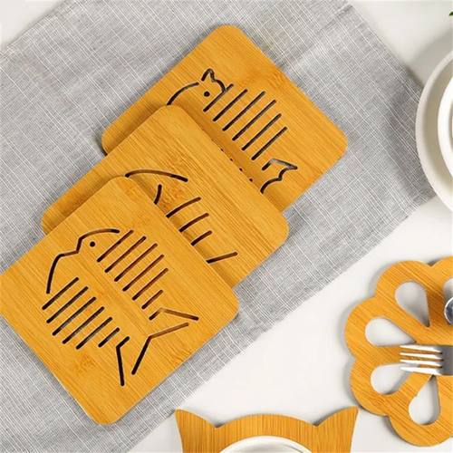 竹木餐垫方形卡通鱼纹隔热垫创意可爱餐具垫4个装杯垫