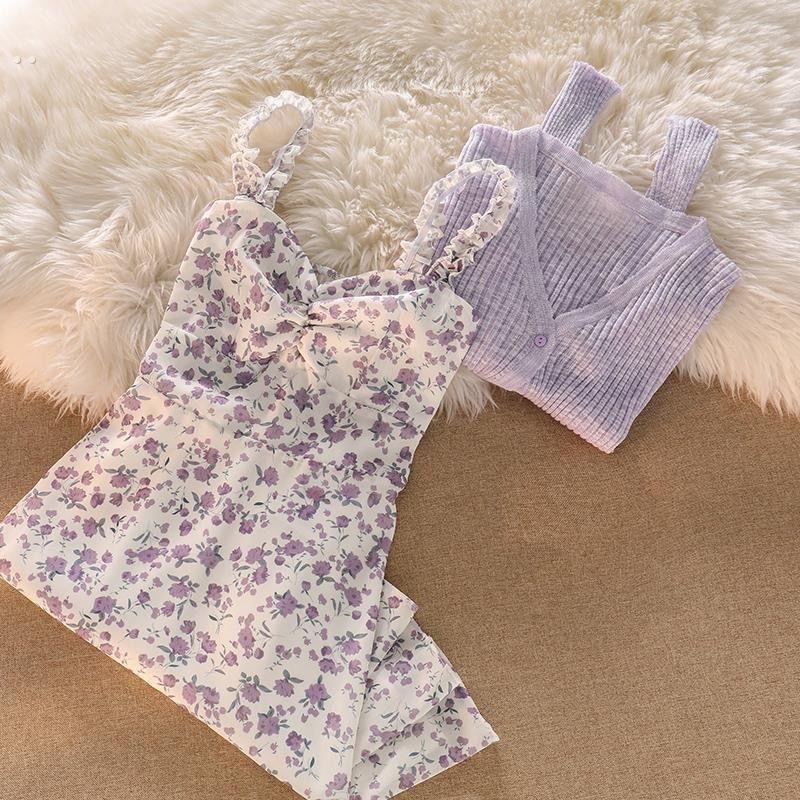 2025新款小个子法式雪纺短裙紫色碎花吊带洋装开 衫两件式套装女