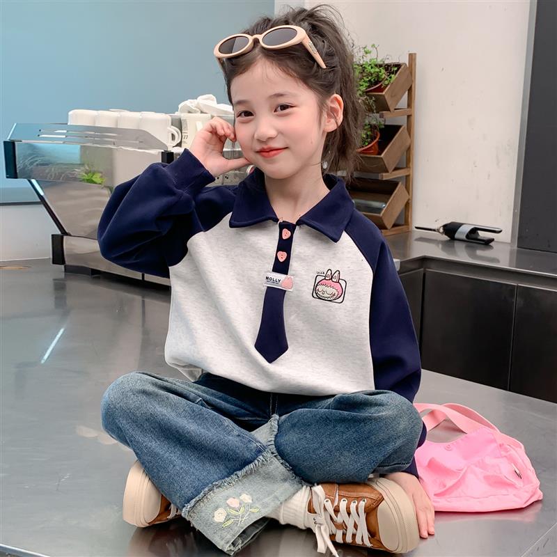 女童秋装卫衣2025新款儿童洋气韩版女孩春秋季POLO领卡通拼色上衣